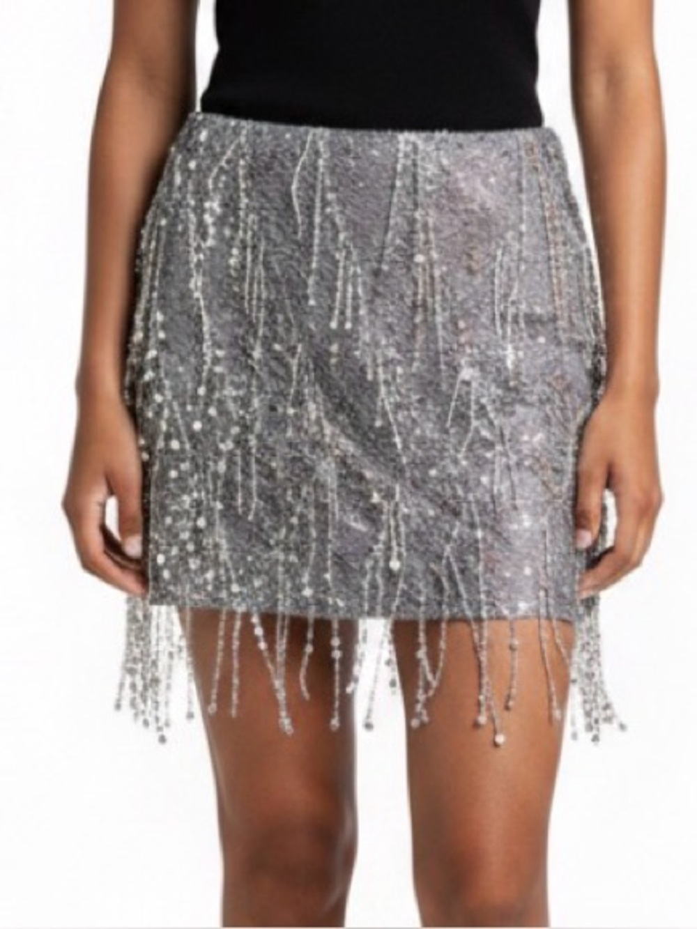 Pretty Little Thing Silver Sequin Tassel Mesh Micro Mini Skirt Size 12 Party - Picture 1 of 11
